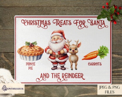 Treats for Santa and the Reindeer Design Set featuring exclusive artwork of Santa, reindeer, mince pie, and carrots. Includes square, round, and rectangular designs for Christmas Eve traditions.