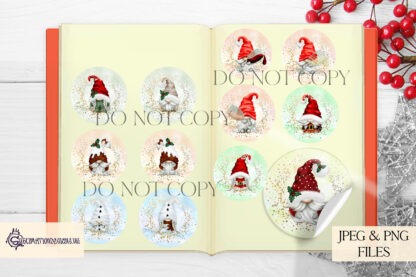 Christmas Gonk Gnome Bauble Design Set featuring 20 circular designs with gonk gnomes on Christmas backgrounds. Includes textless designs and Christmas song lyrics. Ideal for baubles and stickers.