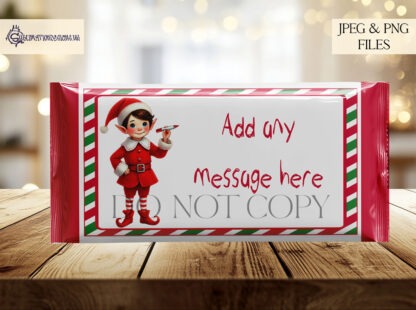 Elf Chocolate Bar Wrappers Set featuring boy and girl elf designs, ideal for festive 100g chocolate bar gifts and naughty elf arrival surprises.