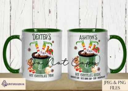 Green Themed Hot Chocolate Station Design Set featuring 6 designs, including an A4 family name option and 5 matching designs for mugs and jars. Ideal for festive crafting and gifting.