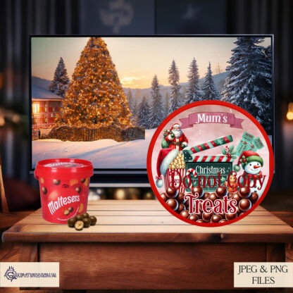 Christmas Movie Night Treat Design Set featuring 4 textless designs in red and green, perfect for popcorn tub toppers and Christmas treat tubs with round lids.