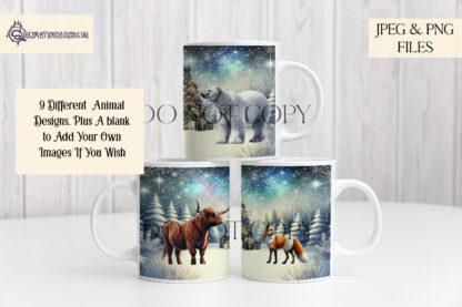 Majestic Animal Festive Mug Wrap Design Set featuring 9 animal designs including stags, Highland cows, robins, and penguins. Includes a blank template for customisation.