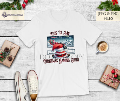 Gaming Santa Comedy Design Set featuring Santa playing a video game, ideal for gamer-themed Christmas gifts with funny text options.