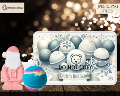 Christmas Bath Bomb Design Set featuring Santa, snowman, polar bear, and unicorn themes, perfect for sublimation tins with personalised message options.