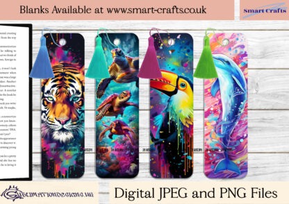 Vibrant Animal Paint Splash Bookmark Bundle featuring 103 designs of animals like tigers, lions, and dragonflies in a unique paint splash effect.