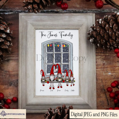 Gonk Gnomes on a Christmas-Themed Window featuring single and family combinations in a festive setting.