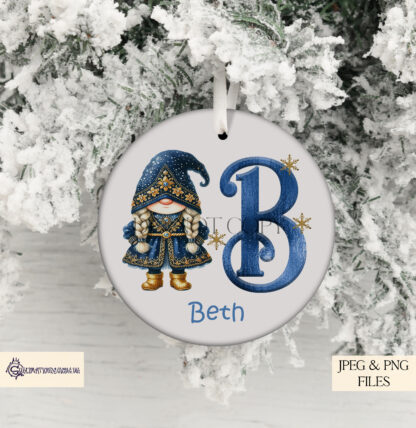 Navy Blue and Gold Glitzy Christmas Gnome Family Clip Art Design Set featuring 37 elements, including adult and child gnomes, alphabet letters, and a Christmas tree. Ideal for family-themed sublimation projects and holiday gifts.