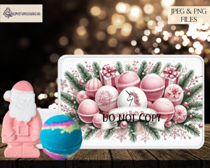 Christmas Bath Bomb Design Set featuring Santa, snowman, polar bear, and unicorn themes, perfect for sublimation tins with personalised message options.