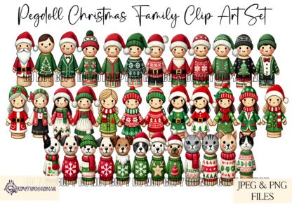 Peg Doll Family Clip Art Set featuring 38 customisable peg doll elements, including family members and pets, ideal for personalised Christmas products.