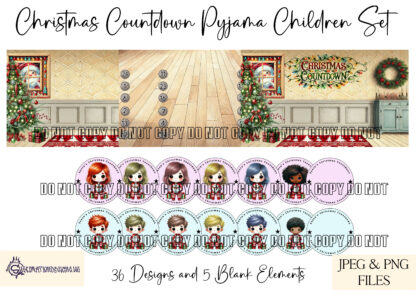 Pyjama Children Christmas Coin Advent Designs featuring 36 designs with matching stickers and blank templates for holiday advent calendars.