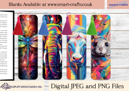 Vibrant Animal Paint Splash Bookmark Bundle featuring 103 designs of animals like tigers, lions, and dragonflies in a unique paint splash effect.