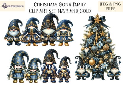 Navy Blue and Gold Glitzy Christmas Gnome Family Clip Art Design Set featuring 37 elements, including adult and child gnomes, alphabet letters, and a Christmas tree. Ideal for family-themed sublimation projects and holiday gifts.