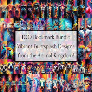 Vibrant Animal Paint Splash Bookmark Bundle featuring 103 designs of animals like tigers, lions, and dragonflies in a unique paint splash effect.