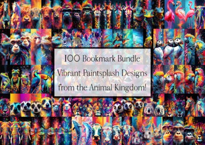 Vibrant Animal Paint Splash Bookmark Bundle featuring 103 designs of animals like tigers, lions, and dragonflies in a unique paint splash effect.