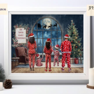 Christmas Family in Pyjamas Clip Art Set featuring diverse characters and festive templates for personalised holiday gifts.