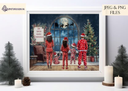 Christmas Family in Pyjamas Clip Art Set featuring diverse characters and festive templates for personalised holiday gifts.