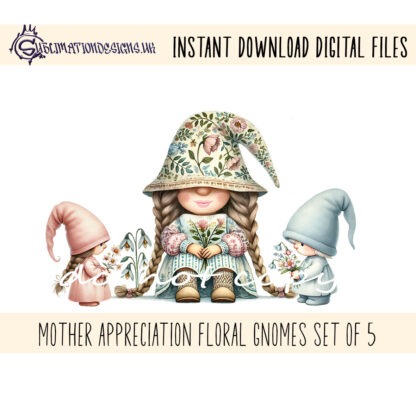 Mother Appreciation Gonk Gnome Design Set featuring mum gonk holding flowers and boy and girl gonks presenting flowers. Ideal for Mother’s Day and family gifts.