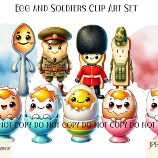 Egg and Soldiers Clip Art Set featuring 3 soldiers, 5 eggs, and 2 background splashes, perfect for egg cups, placemats, and coasters.