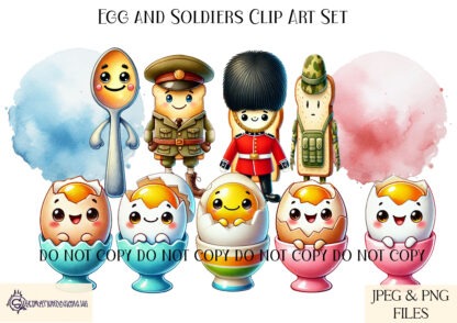 Egg and Soldiers Clip Art Set featuring 3 soldiers, 5 eggs, and 2 background splashes, perfect for egg cups, placemats, and coasters.