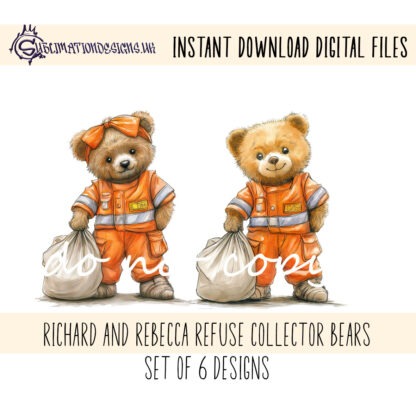 Refuse Collection Teddy Bear Design Set featuring Rebecca and Richard teddy bears with garbage truck and recycling truck backgrounds.