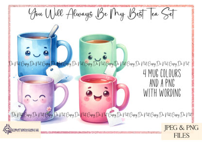 Best Tea Friendship Design Set featuring colourful tea mug designs and worded options like "Happy Birthday Best-Tea" and "You Will Always Be My Best-Tea."