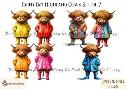 Rainy Day Highland Cows Set of 7 featuring Highland cows in colourful raincoats and wellies with fun wording like "Rain or Shine, I’m Highland Fine."