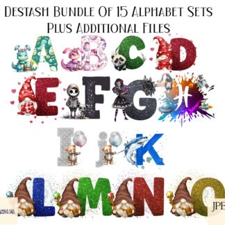 Digital Design Destash Alphabet Bundle featuring 15 alphabet sets, including dinosaur, gnome, panda, skeleton, and shark-themed designs in JPEG and PNG formats.