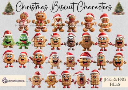 Christmas Biscuit Character Designs Set featuring 30 festive designs, including biscuit characters and gingerbread designs. Perfect for sublimation and holiday crafting.