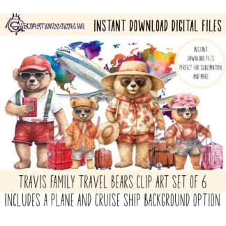 Digital Design Destash Teddy Bear Bundle featuring 20 design sets, including family travel, superheroes, farmer bears, bikers, surfers, and more in JPEG and PNG formats.