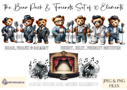 Digital Design Destash Teddy Bear Bundle featuring 20 design sets, including family travel, superheroes, farmer bears, bikers, surfers, and more in JPEG and PNG formats.