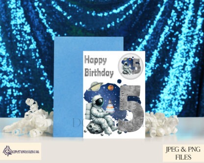 Astronaut Birthday and Inspirational Design Set featuring an astronaut on an asteroid with numbers 1-13 and a design of an astronaut holding the world.