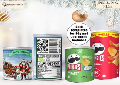 Santa and Friends Pringle Tube Wrap Designs Set featuring festive artwork for small and medium Pringles tubes with personalisation options.