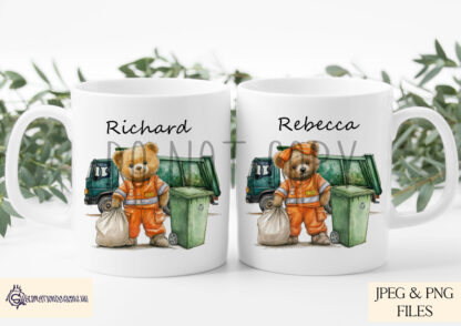 Refuse Collection Teddy Bear Design Set featuring Rebecca and Richard teddy bears with garbage truck and recycling truck backgrounds.