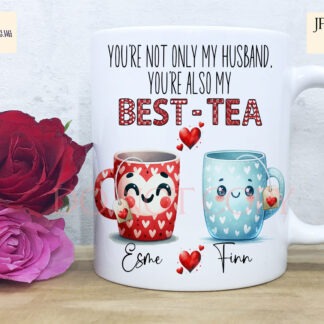 Best Tea Comedy Love Edition Design Set featuring whimsical tea mug designs with customisable options for Valentine’s Day, anniversaries, and gifts.