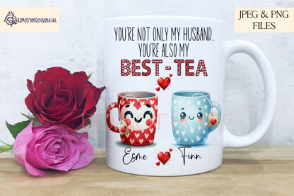 Best Tea Comedy Love Edition Design Set featuring whimsical tea mug designs with customisable options for Valentine’s Day, anniversaries, and gifts.