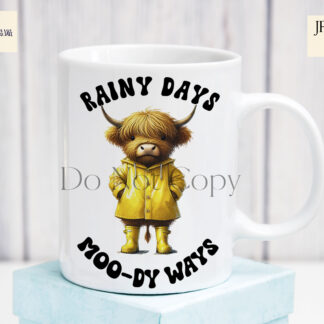 Rainy Day Highland Cows Set of 7 featuring Highland cows in colourful raincoats and wellies with fun wording like "Rain or Shine, I’m Highland Fine."