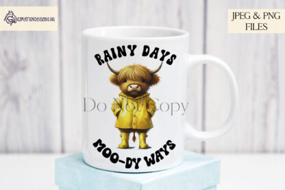 Rainy Day Highland Cows Set of 7 featuring Highland cows in colourful raincoats and wellies with fun wording like "Rain or Shine, I’m Highland Fine."