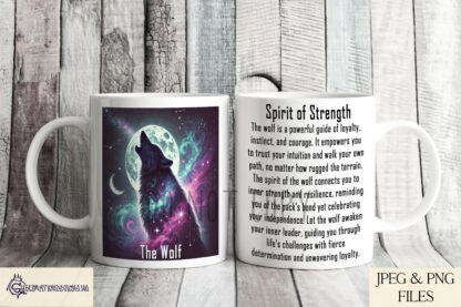 Spirit Animal Mug Wrap Design Set featuring 7 designs with Owl, Tiger, Wolf, Bear, Hare, Stag, and Eagle, each with spiritual meaning descriptions.