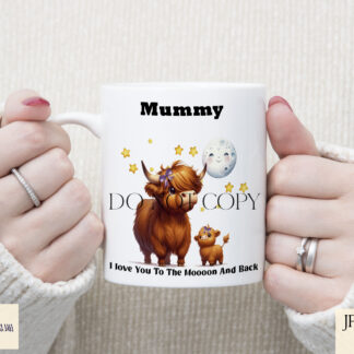 Highland Cow "I Love You To The Mooon And Back" Set of 8 designs featuring parent and child cow pairs, with textless or quote options for Mother's and Father's Day gifts.