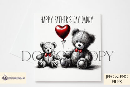 I Love You Beary Much Design Set featuring 5 textless black ink teddy bear designs with red heart balloons and matching red bows. Ideal for Mother’s Day, Father’s Day, and Valentine’s Day.