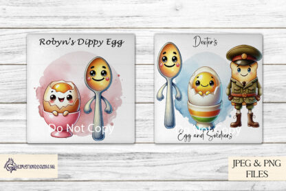 Egg and Soldiers Clip Art Set featuring 3 soldiers, 5 eggs, and 2 background splashes, perfect for egg cups, placemats, and coasters.