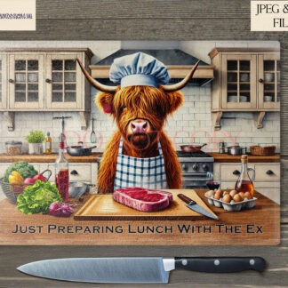 sublimation design, Highland cow kitchen humour, comedy kitchen designs, chopping board designs, dark humour kitchen décor, personalised funny gifts, kitchen Highland cow chefs