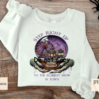 Creepy Carnival Design featuring witch-like hands holding a crystal ball and carnival theme. Perfect for Halloween sublimation projects and spooky décor.