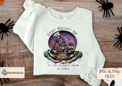 Creepy Carnival Design featuring witch-like hands holding a crystal ball and carnival theme. Perfect for Halloween sublimation projects and spooky décor.