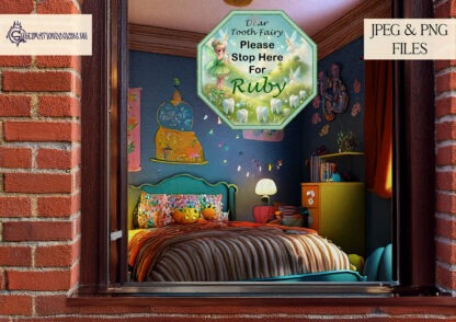 Tooth Fairy Stop Here Design Set featuring pale blue and green neutral designs for hexagonal blanks. Perfect for creating Tooth Fairy window signs and children’s décor.