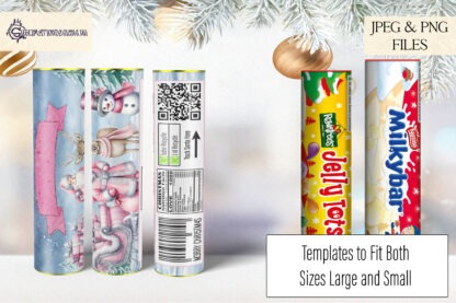 Tube Wrap Designs Set for Sweet Tubes featuring Santa and Friends artwork, with personalisation options, QR codes, and Christmas ingredients list.