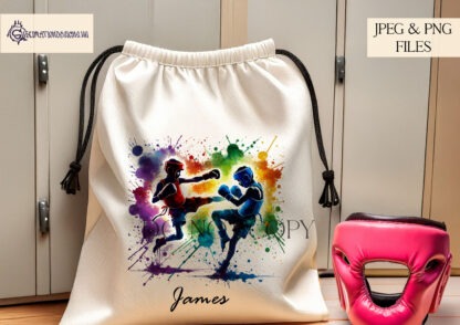 Kickboxing Silhouettes with Paint Splash Design Set featuring 10 dynamic designs of male and female kickboxers with vibrant and pastel paint effects.