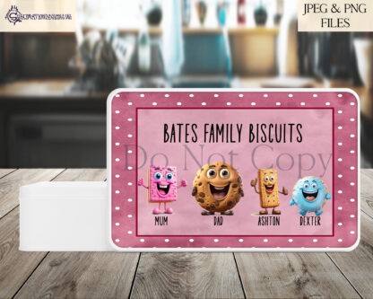 Build A Biscuit Family Ultimate Clip Art Set featuring 43 biscuit characters, tin backgrounds, paint strokes, and hair bows for sublimation and crafting projects.