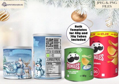 Santa and Friends Pringle Tube Wrap Designs Set featuring festive artwork for small and medium Pringles tubes with personalisation options.