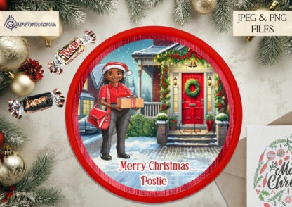 Christmas Postman Design Set featuring 14 designs of male and female posties in festive settings, with post boxes and Celebrations Tub Toppers.